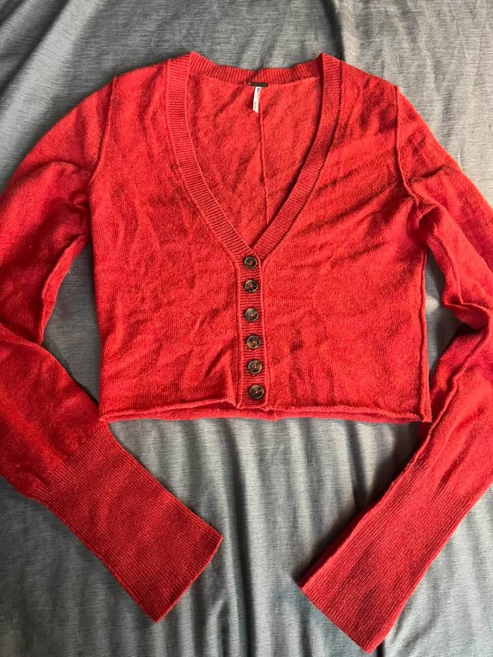 Free People Red Cropped Cashmere Cardigan Sweater S